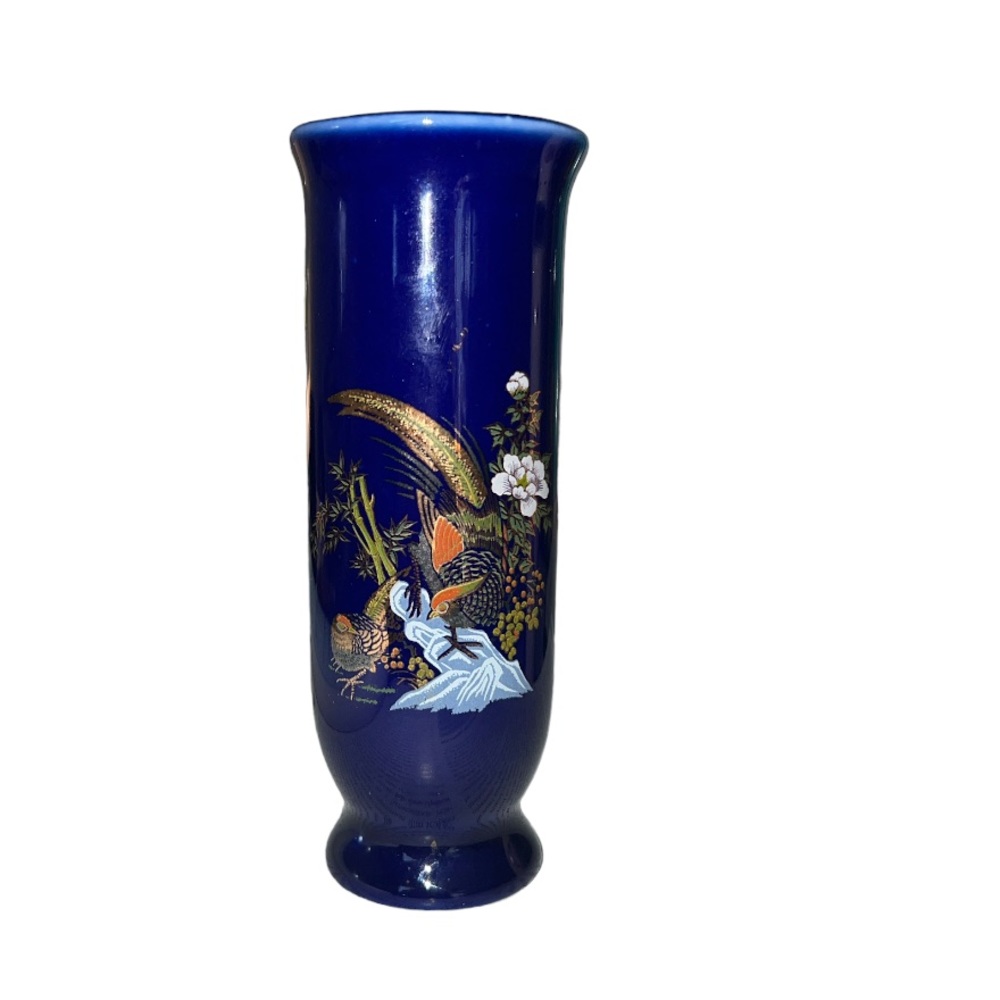 Pheasant and floral vase porcelain Vintage 1980s